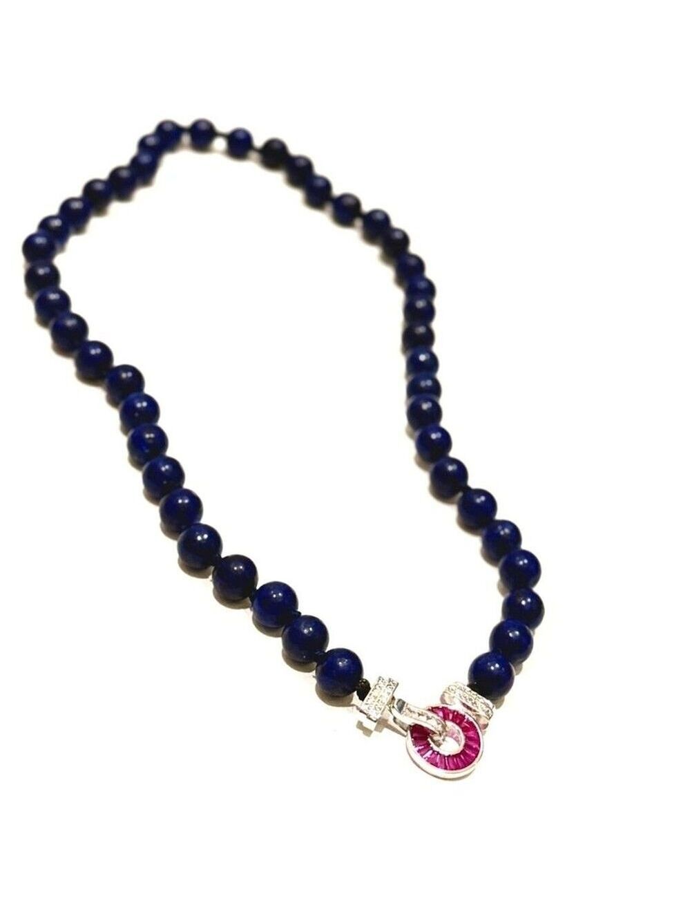 ARTISAN  LUXURY | Lapis Lazuli Beaded Necklace w Silver & Pink Crystal Closure